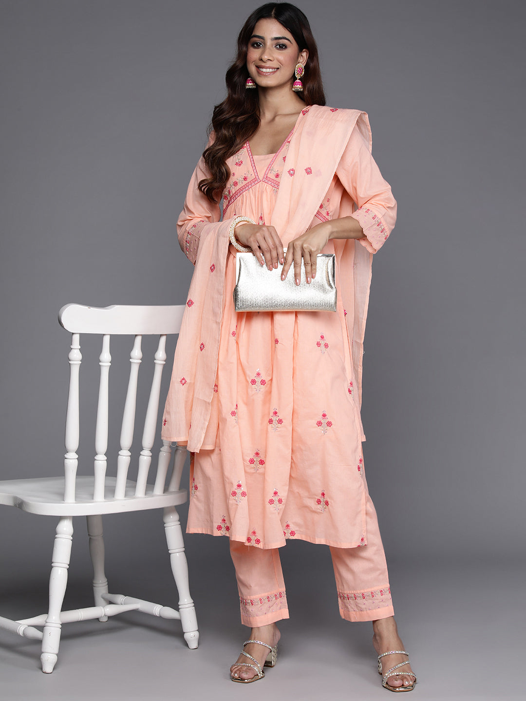 Dhiyona VR Women's Peach Thread And Sequins Embroidered Kurta With Tonal Bottom And Dupatta
