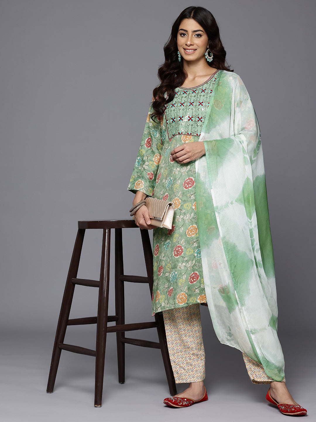 Dhiyona VR Women's Mint Green Round Neck Embroidered Yoke Printed Kurta Paired With Printed Bottom & Tie-Dye Dupatta