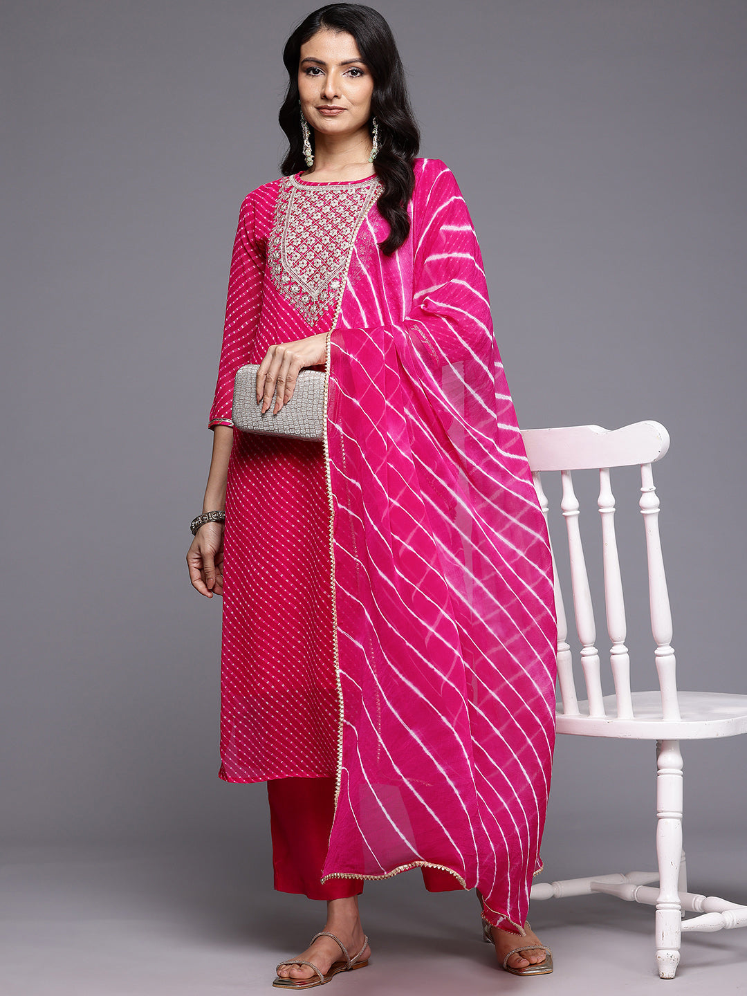 Dhiyona VR Women's Pink Bandhani Zari And Sequins Embroidered Kurta Set With Dupatta