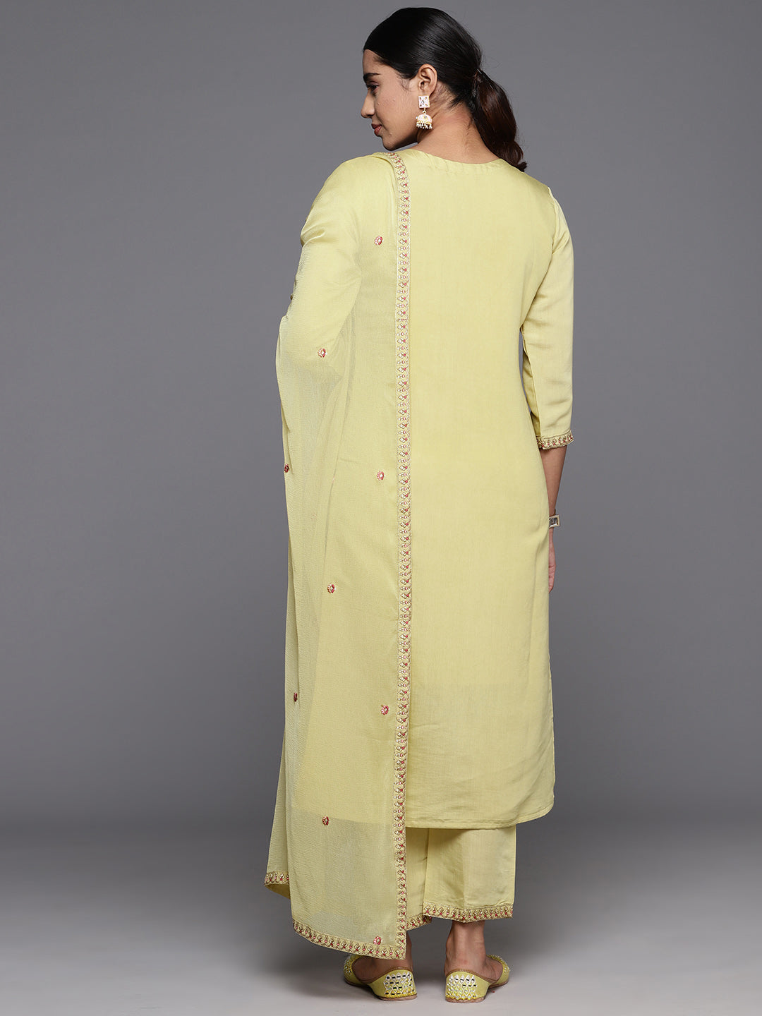 Dhiyona VR Women's Beige Embroidered Straight Kurta Paired With Tonal Embroidered Bottom And Embroidered Dupatta