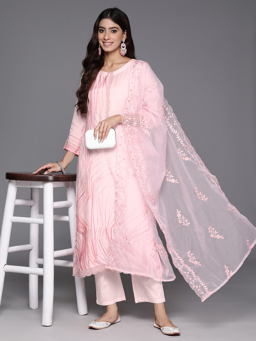 Dhiyona VR Women's Pink Abstract Straight Kurta Paired With Tonal Bottom And Organza Embroidered Dupatta