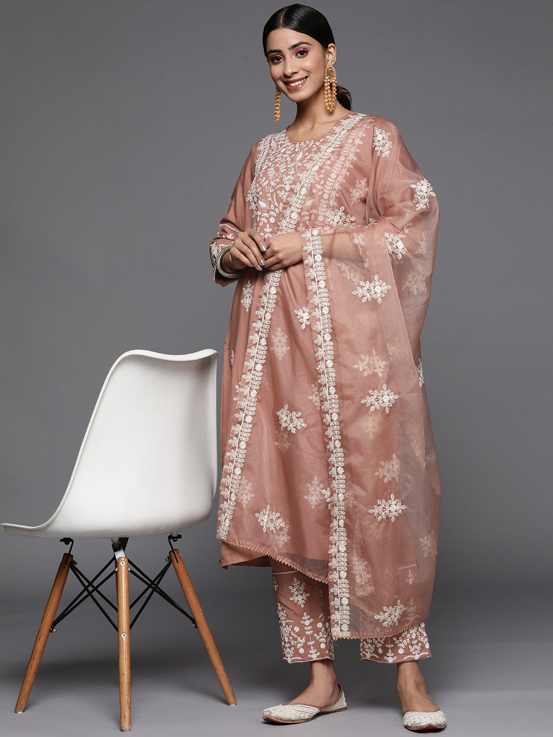 Dhiyona VR Women's Mauve Embroidered Kurta Paired With Tonal Trouser And Dupatta