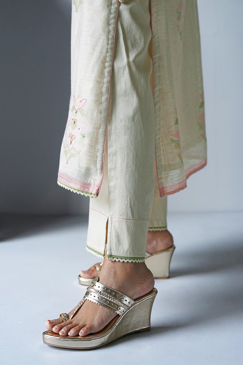 Women's Birch Cream Cotton Linen Woven Kurta Suit Set With Hand Work Detailing
