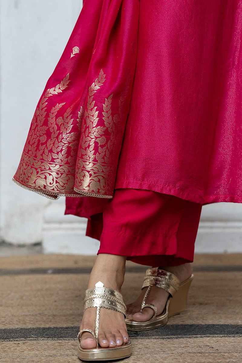 Women's Bright Rose Pink Zari Woven Bemberg Silk Salwar Suit With Zari Woven Monga Silk Jacquard Dupatta