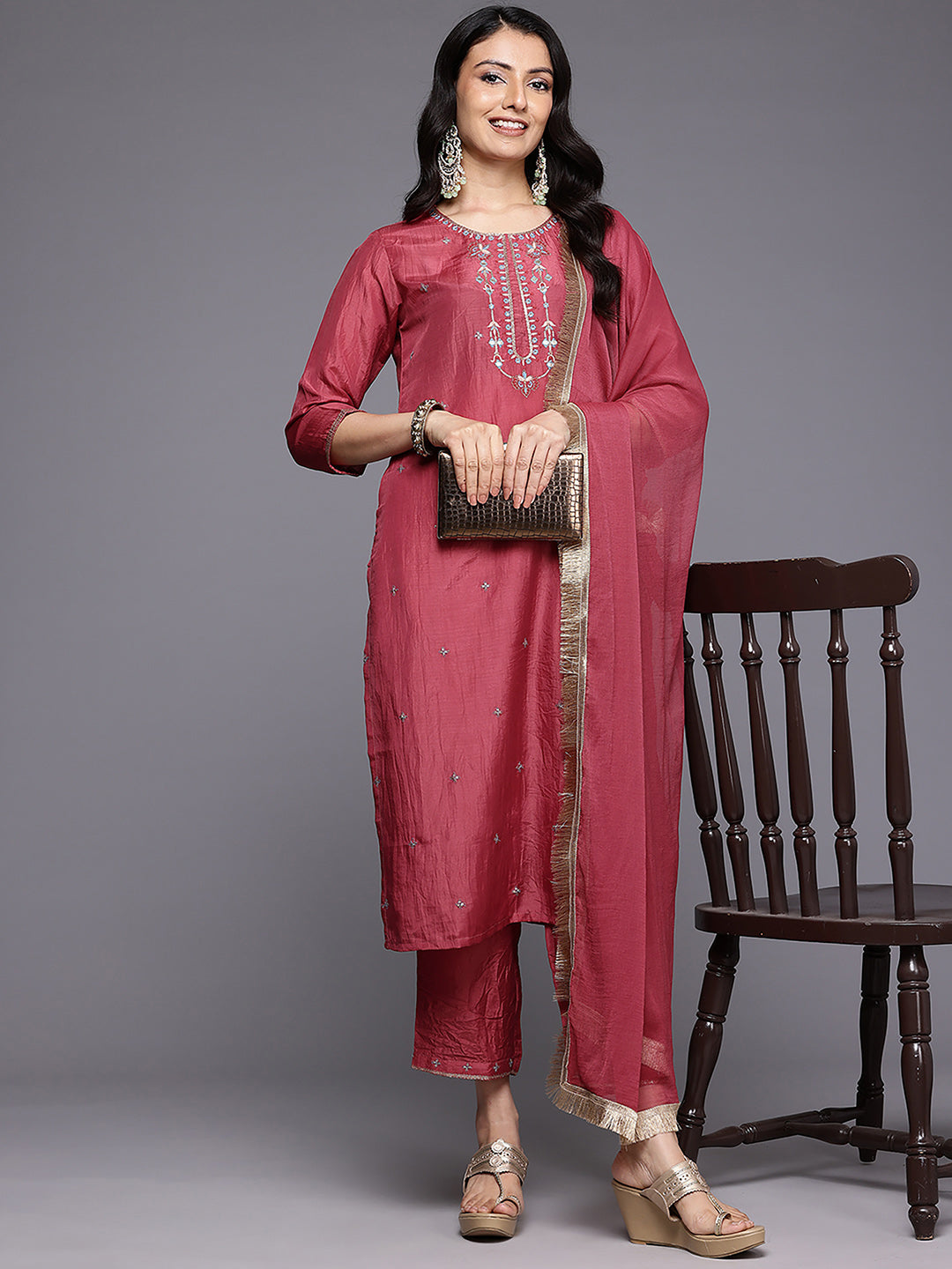 Dhiyona VR Women's Maroon Thread And Zari Embroidered Sequins Embellished Kurta Set With Dupatta