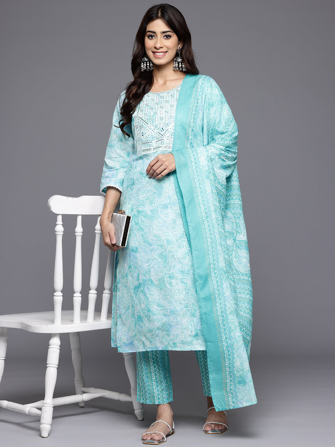 Dhiyona VR Women's Blue Printed Round Neck Yoke Embroidered Straight Kurta With Bottom And Dupatta