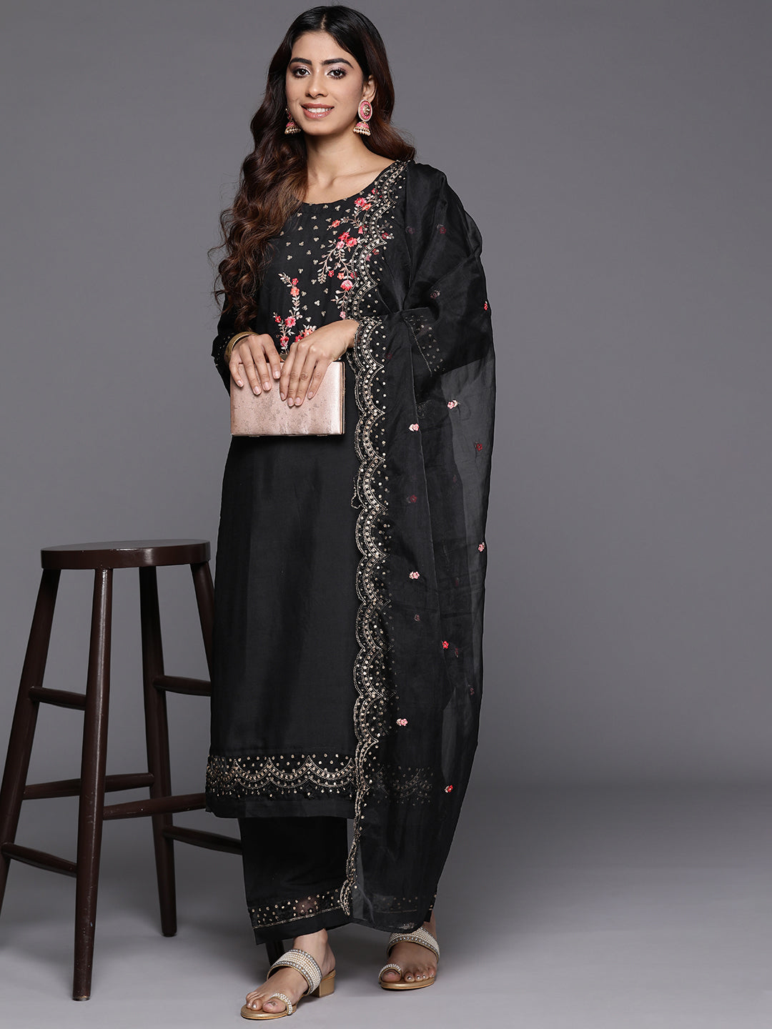 Dhiyona VR Women's Black Thread And Sequins Embroidered Kurta With Bottom And Dupatta