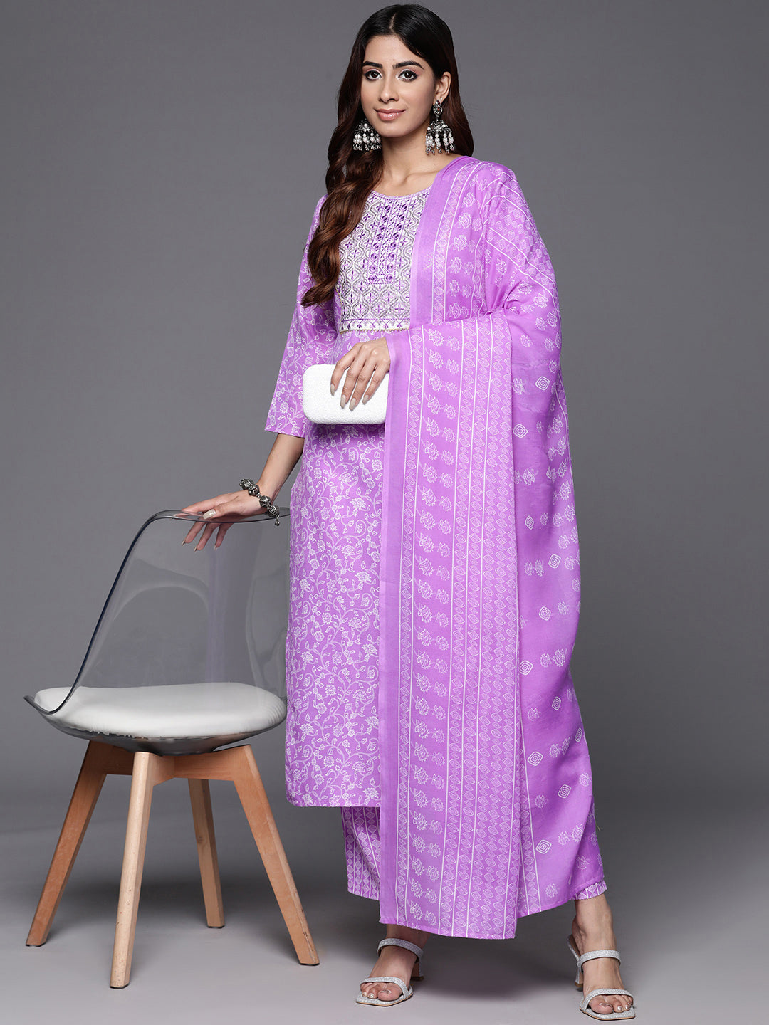Dhiyona VR Women's Lavender Floral Printed Embroidered Kurta Paired With Bottom And Dupatta