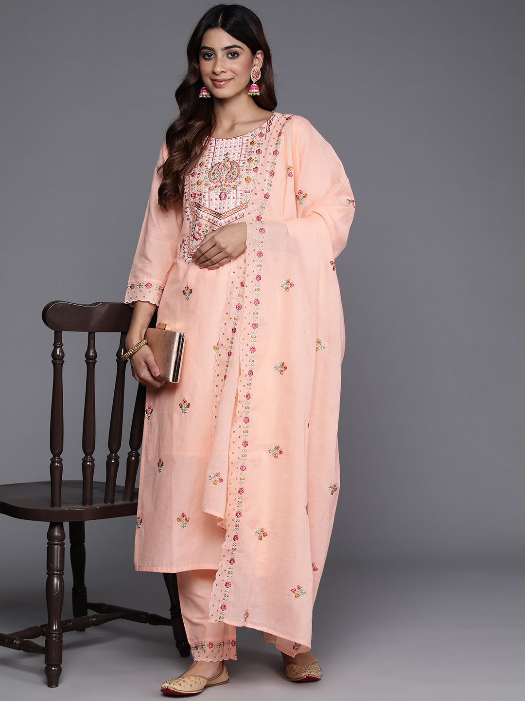 Dhiyona VR Women's Peach Thread And Sequins Embroidered Kurta With Tonal Bottom And Dupatta