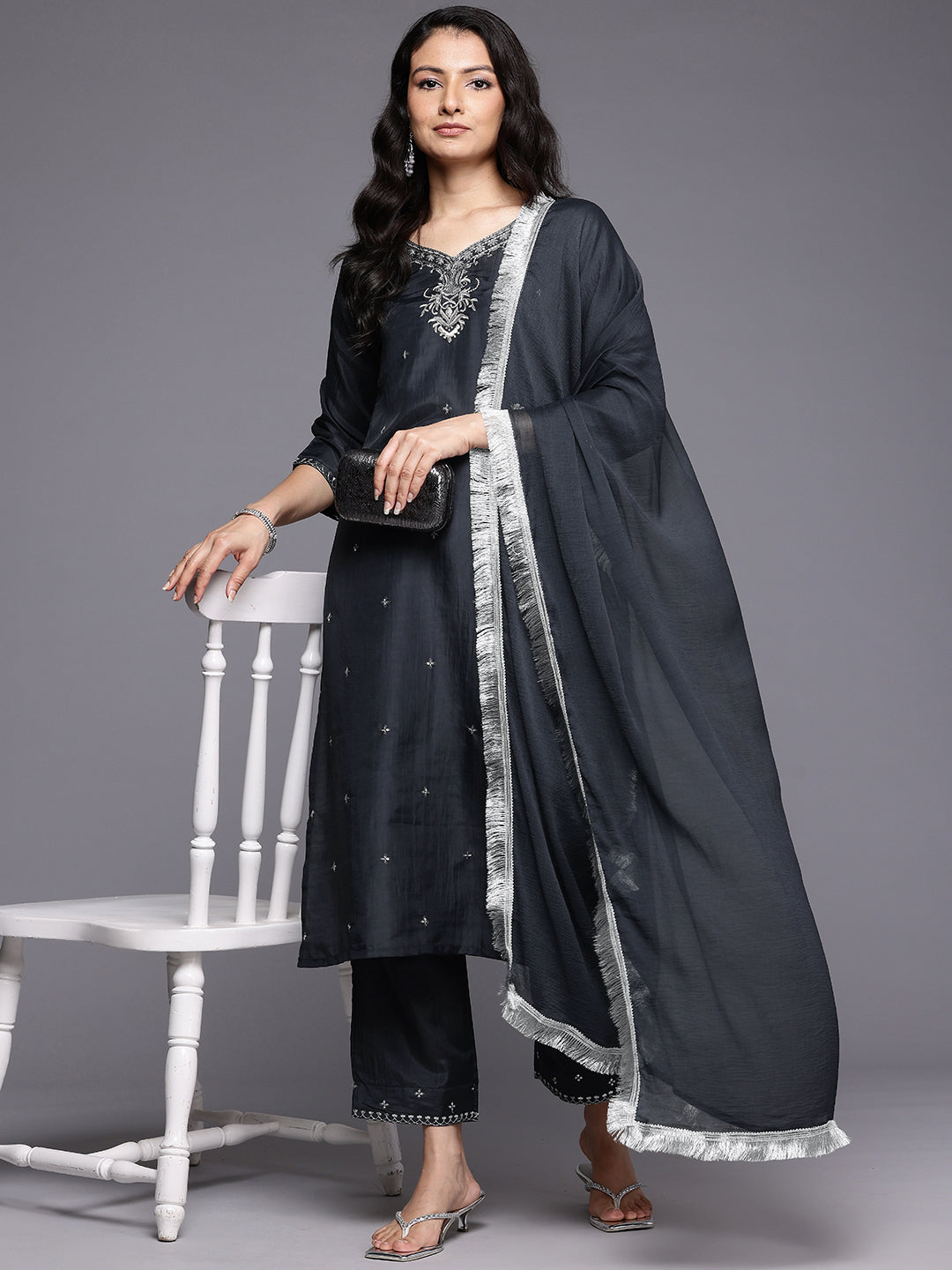 Dhiyona VR Women's Grey Silk Thread And Zari Embroidered , Sequins Embellished Kurta Paired With Bottom And Dupatta