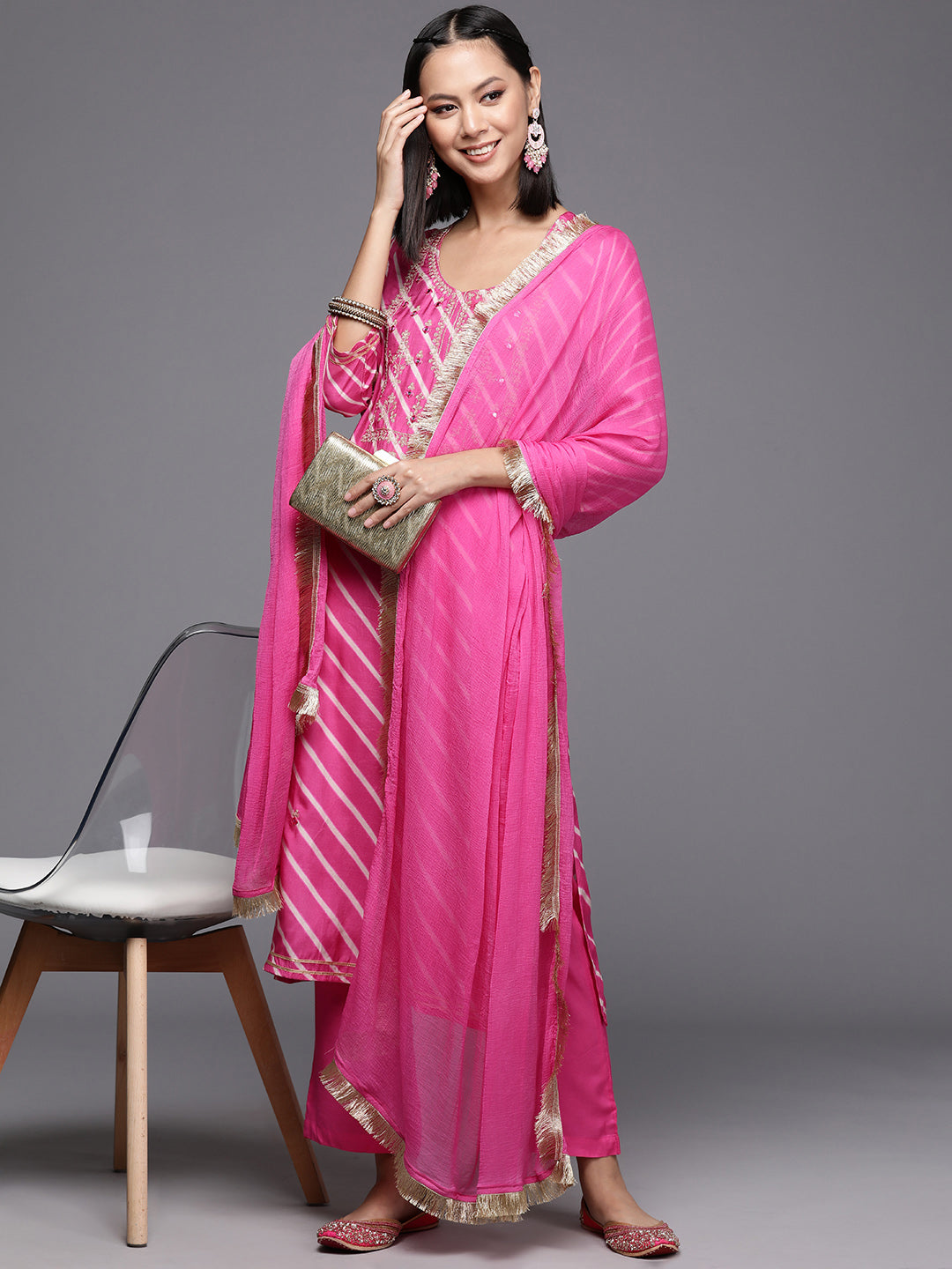 Dhiyona VR Women's Pink Pure Fabric, Lehariya Embroidered Straight Kurta Paired With Tonal Bottom And Dupatta