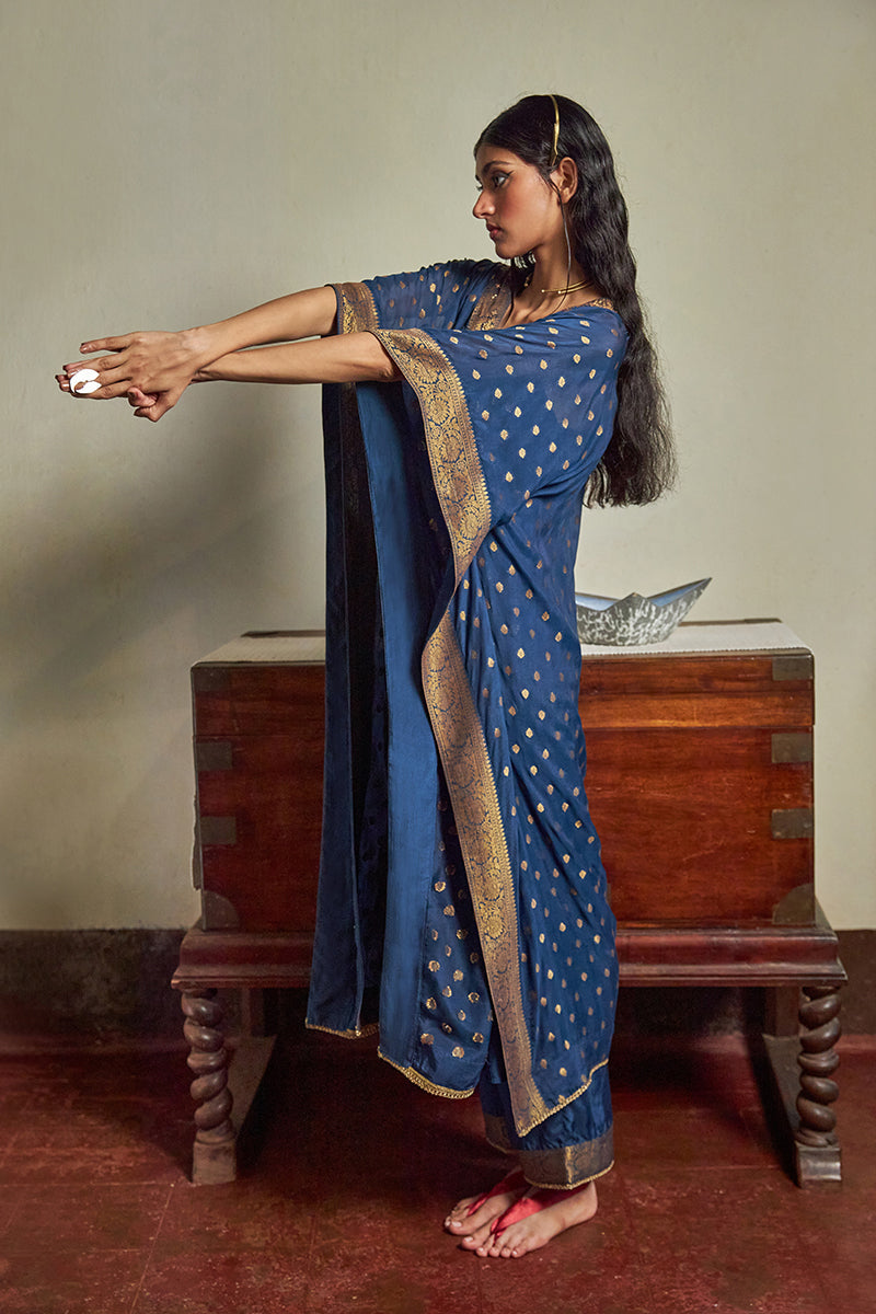 Women's Blue Opal Bemberg Chinon Silk Woven Kaftan Set