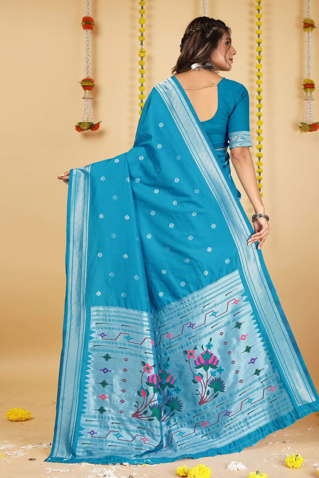 Dhiyona GR Women's Mastani Cyan Blue Zari Paithani Silk Saree