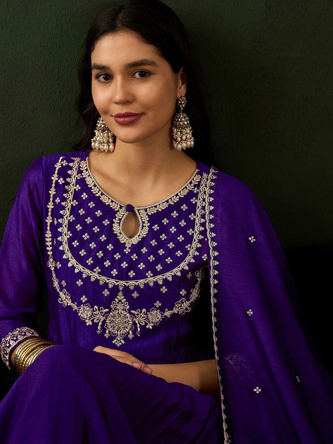 Dhiyona SN Women's Purple Ethnic Motifs Embroidered Keyhole Neck A-Line Kurta With Trouser & Dupatta