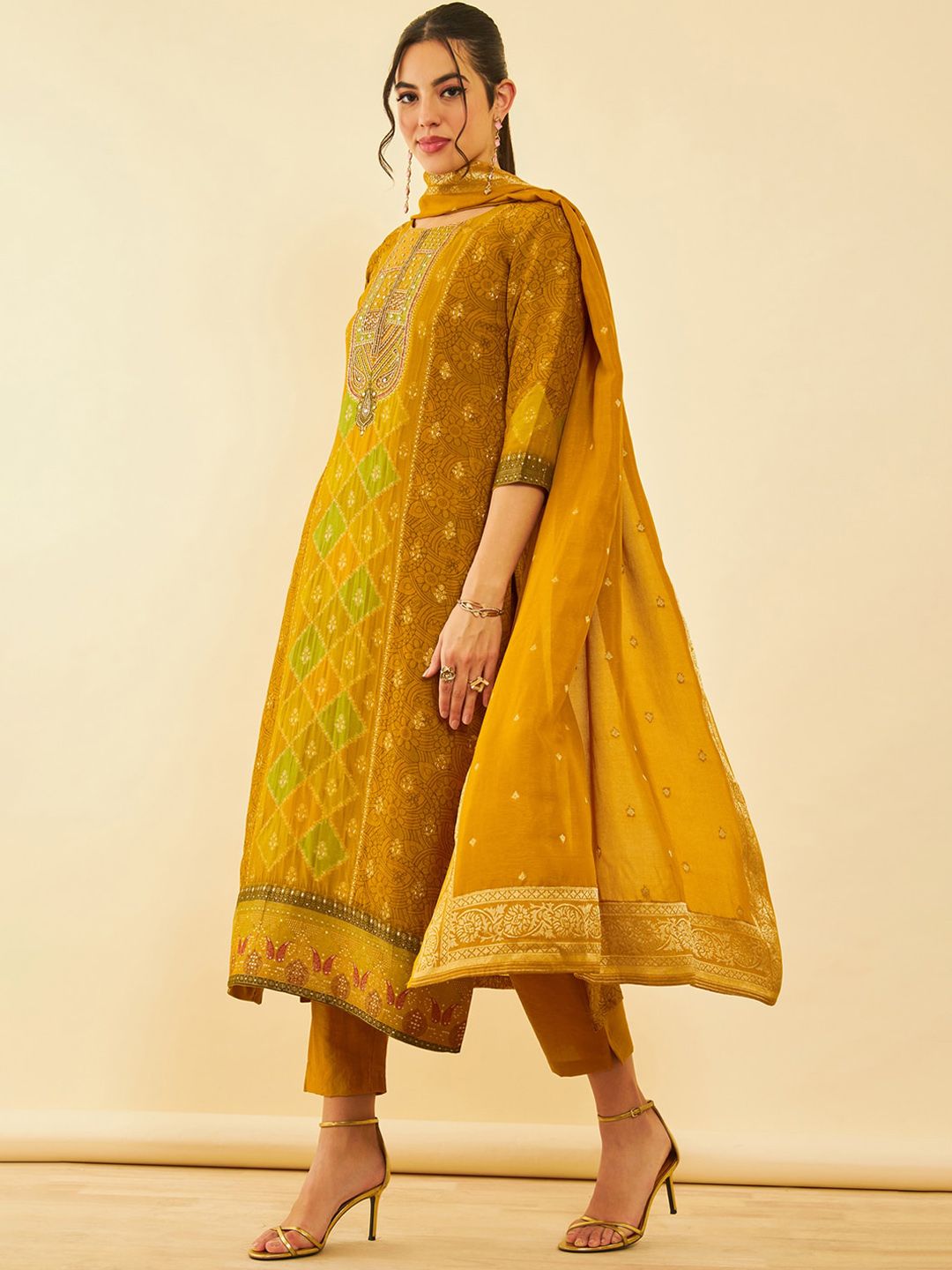 Dhiyona SO Women's Ethnic Motifs Regular Thread Work Kurta With Trousers & Dupatta