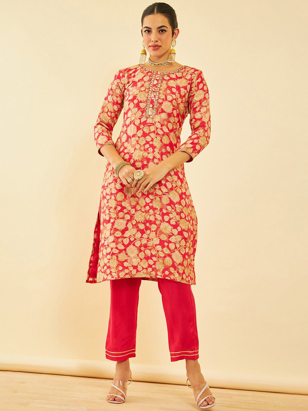 Dhiyona SO Women's Floral Printed Regular Mirror Work Kurta with Trousers & Dupatta