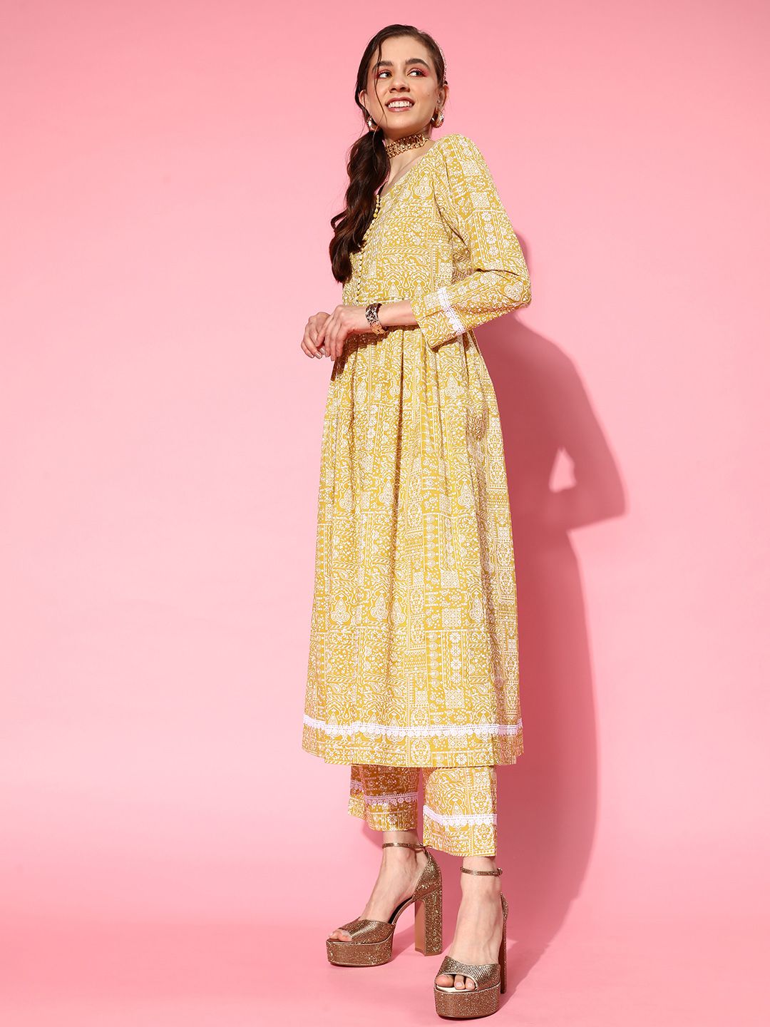 Dhiyona VA Women's Ethnic Motifs Printed Empire Pure Cotton Kurta with Trousers