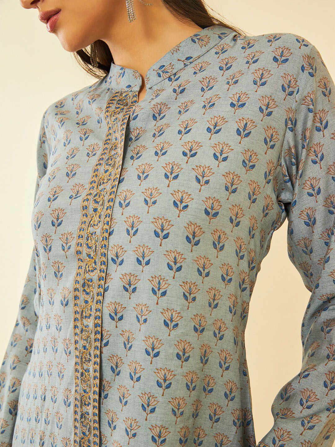 Dhiyona SO Women's Ethnic Motifs Printed Regular Thread Work Kurta with Trousers