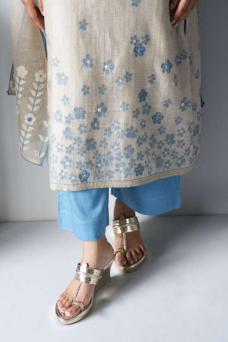 Women's Beige Woven Viscose Chanderi Kurta Suit Set With Delicate Hand Work Detailing