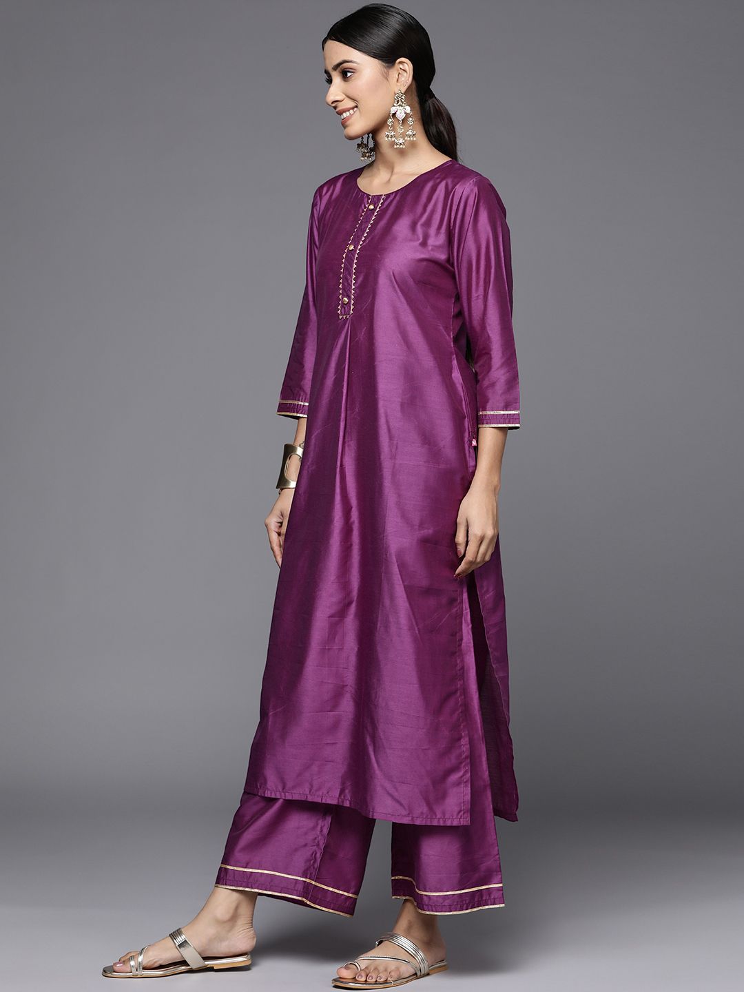Dhiyona VA Women'sRound Neck Straight Kurta With Trousers & Dupatta