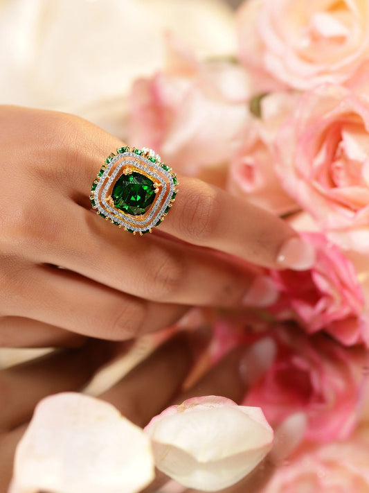 Dhiyona RJ Women's 22K Gold-Plated Emerald Green & Cubic Zirconia Studded Adjustable Finger Ring