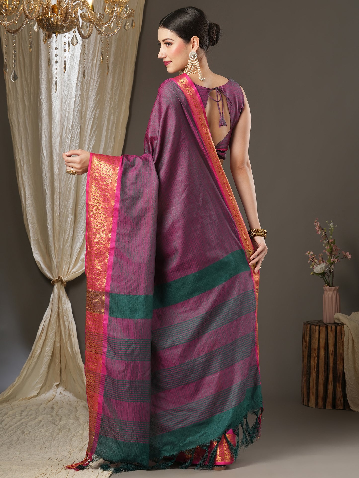 Women's Aura Silk Burgundy Woven Design Designer Saree With Blouse Piece