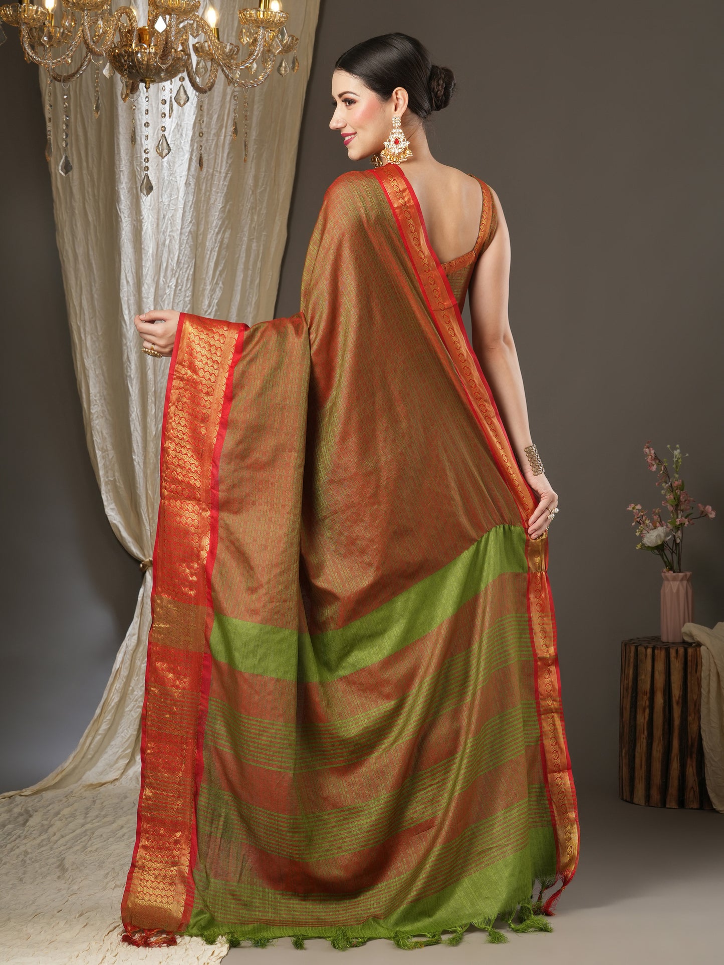 Women's Aura Silk Orange Woven Design Designer Saree With Blouse Piece