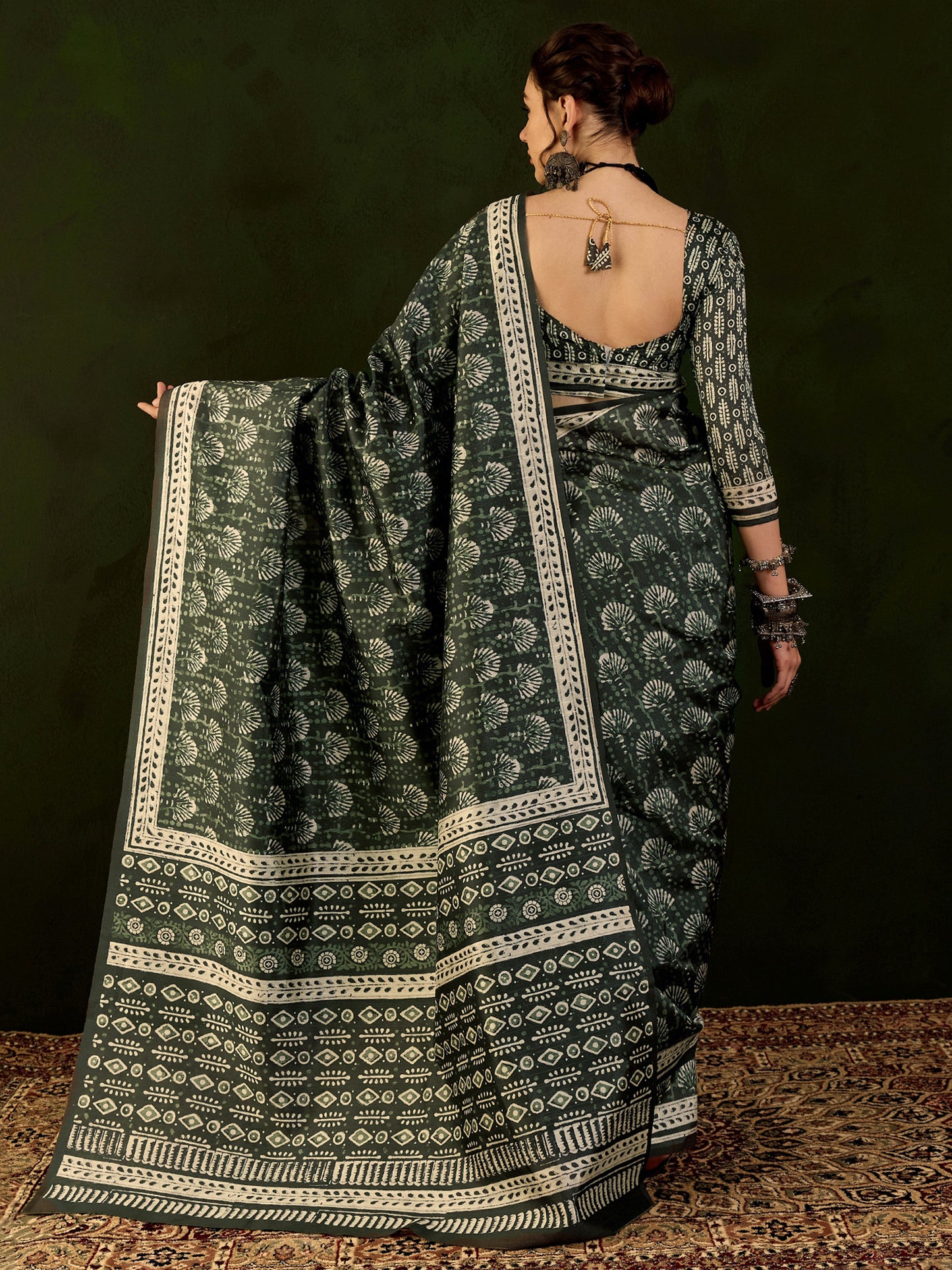 Women's Bhagalpuri Silk Dark Green Printed Designer Saree With Blouse Piece