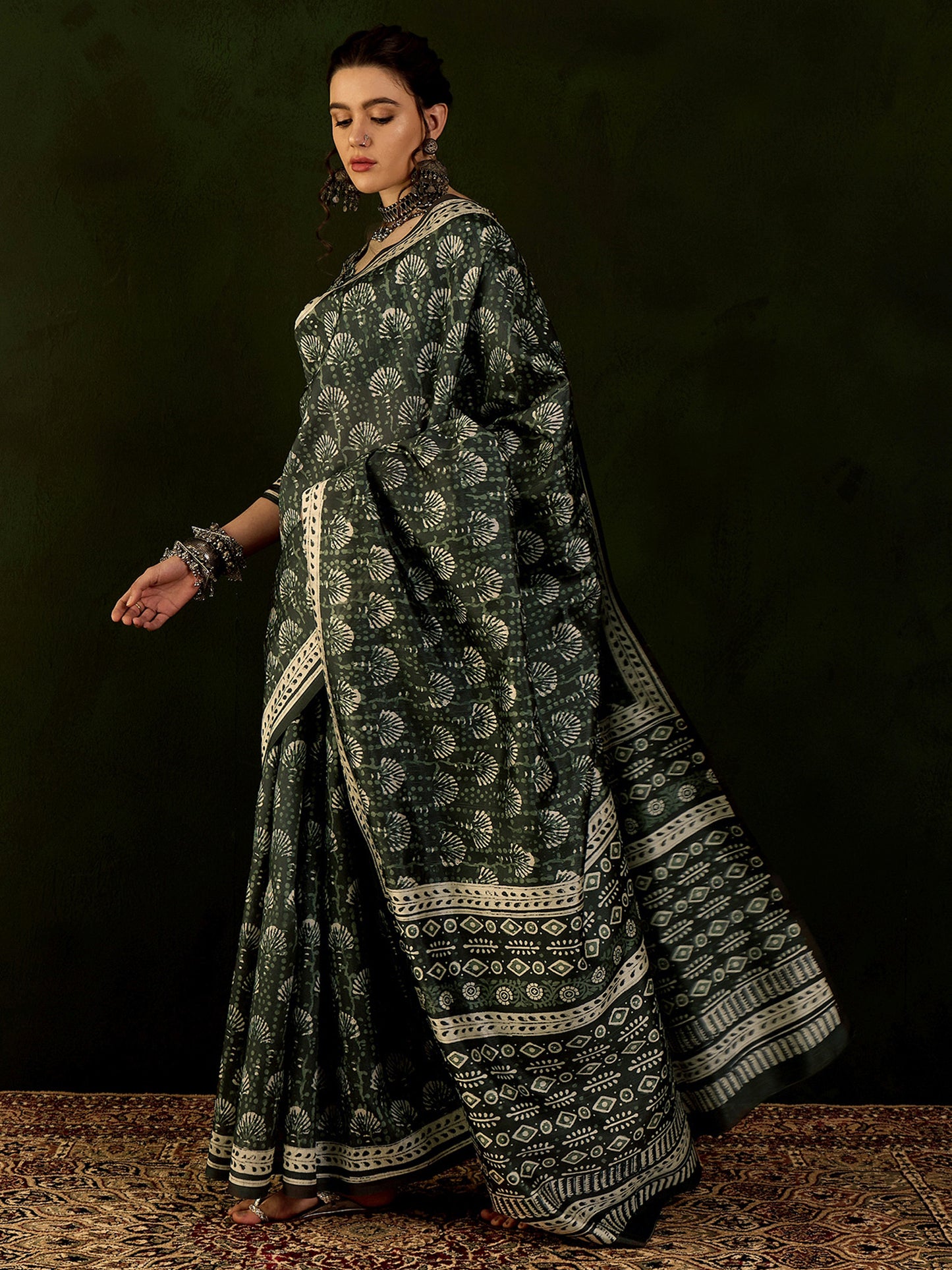 Women's Bhagalpuri Silk Dark Green Printed Designer Saree With Blouse Piece