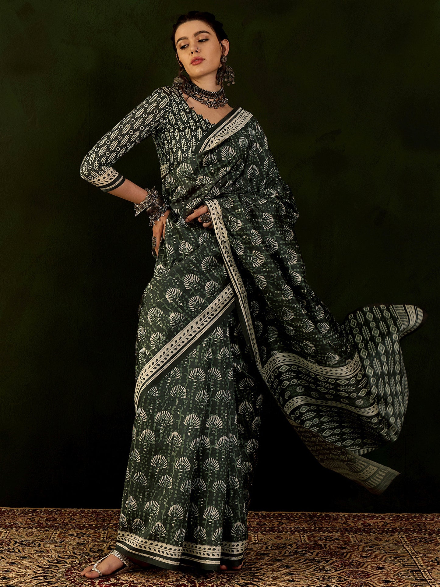 Women's Bhagalpuri Silk Dark Green Printed Designer Saree With Blouse Piece