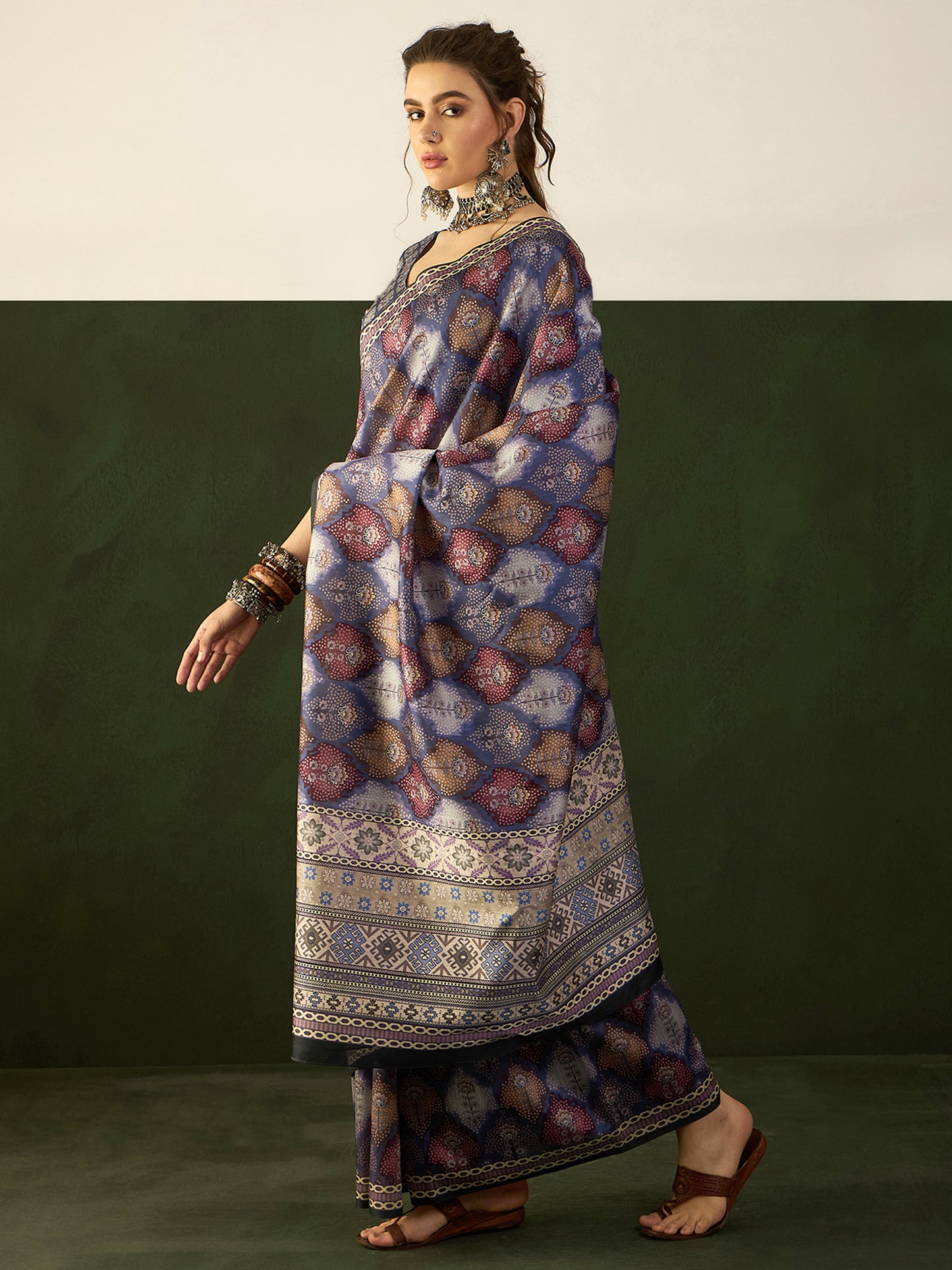 Women's Bhagalpuri Silk Violet Printed Designer Saree With Blouse Piece