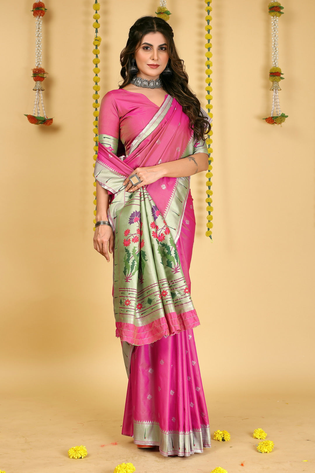 Dhiyona GR Women's Mastani 2 Rani Pink Zari Paithani Silk Saree
