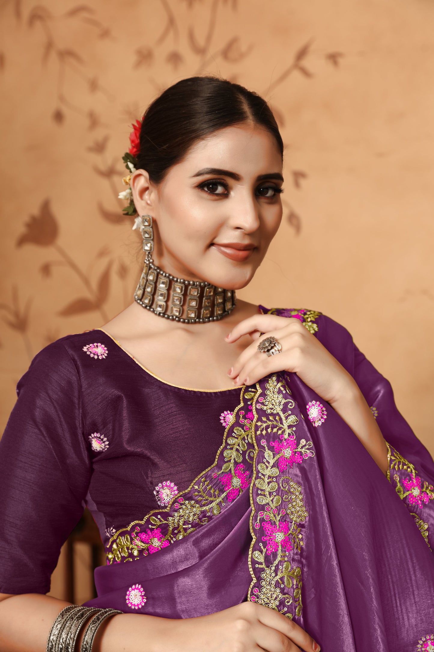 Dhiyona GR Women's Armani Wine Jimmi Choo Embroidered Saree