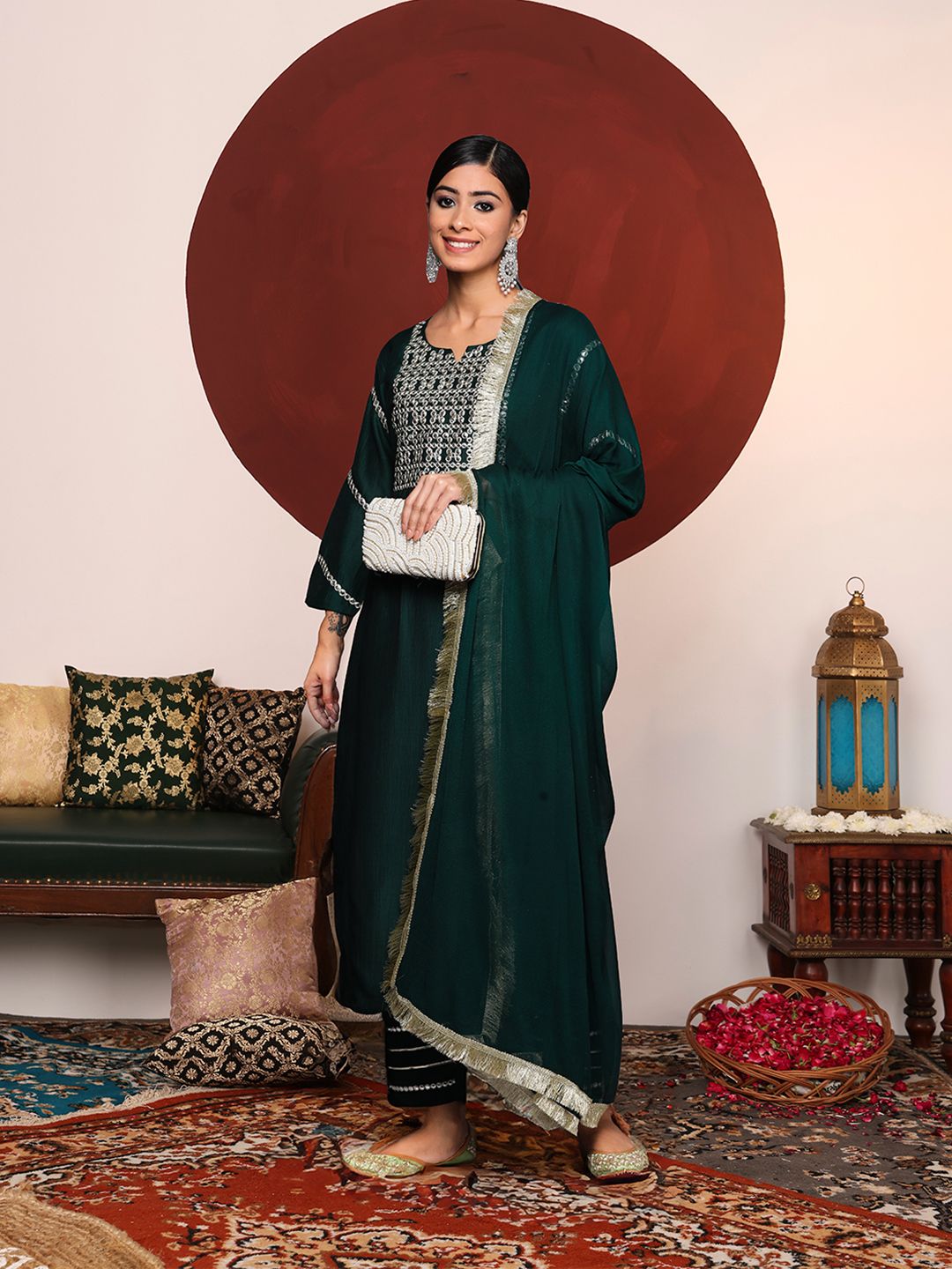 Dhiyona VA Women's Green Yoke Design Mirror Work Kurta with Trousers & Dupatta