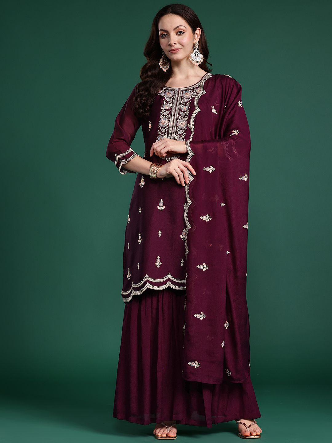 Dhiyona IE Ethnic Motifs Embroidered Regular Sequinned Kurta with Sharara & With Dupatta