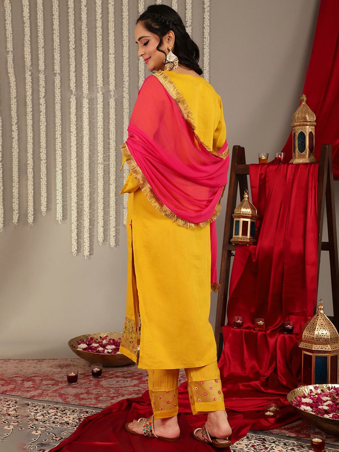 Dhiyona VA Women'sFloral Embroidered Yoke Design Kurta with Trousers & With Dupatta