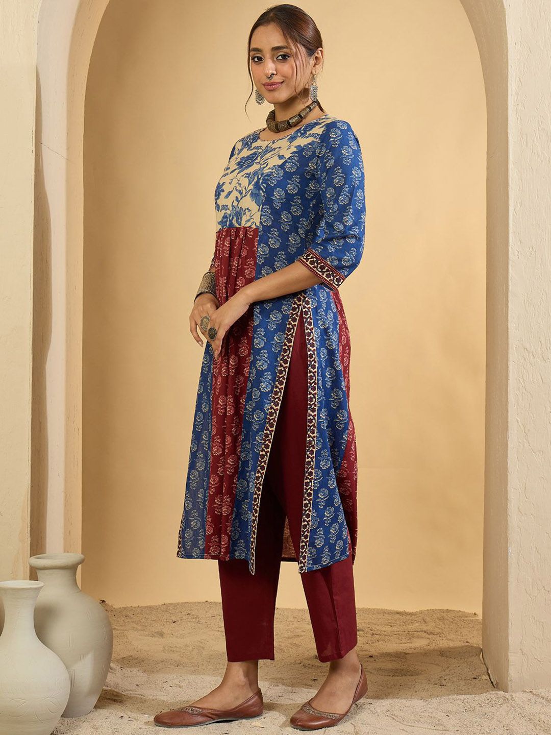 Dhiyona IE Floral Printed Pure Empire Cotton Kurta With Trousers