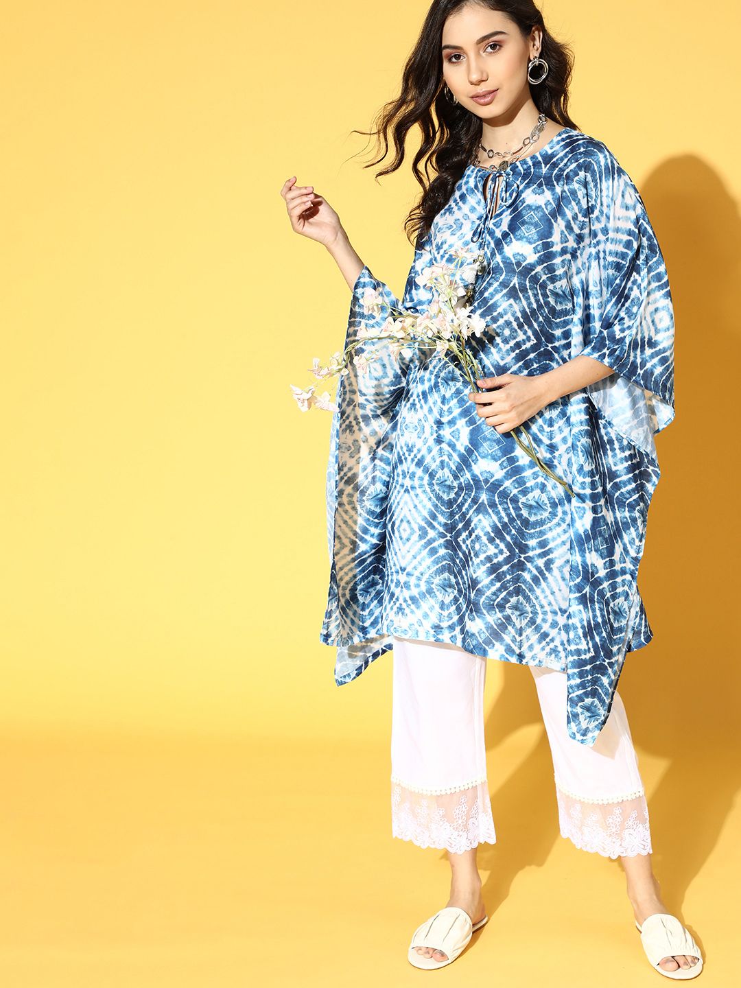 Dhiyona VA Women's Stunning Blue Printed Kaftan with Solid Trousers