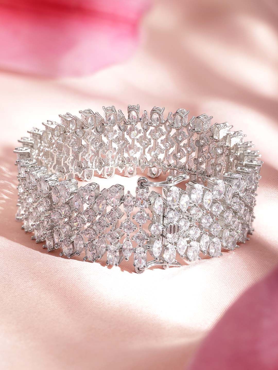 Dhiyona RJ Women's Brass Cubic Zirconia Rhodium-Plated Bangle-Style Bracelet
