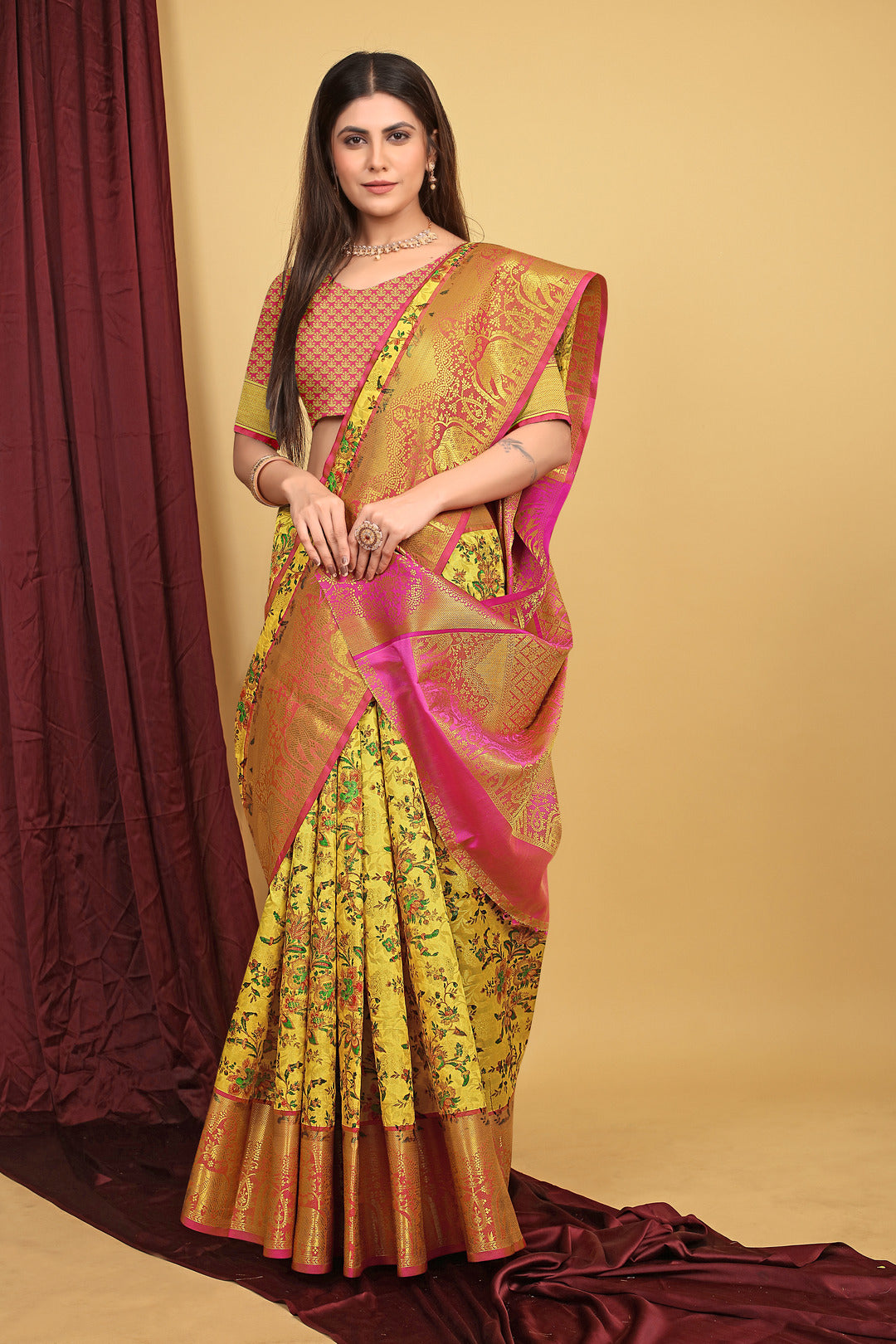 Dhiyona GR Women's Yellow Kalamkari Silk Saree
