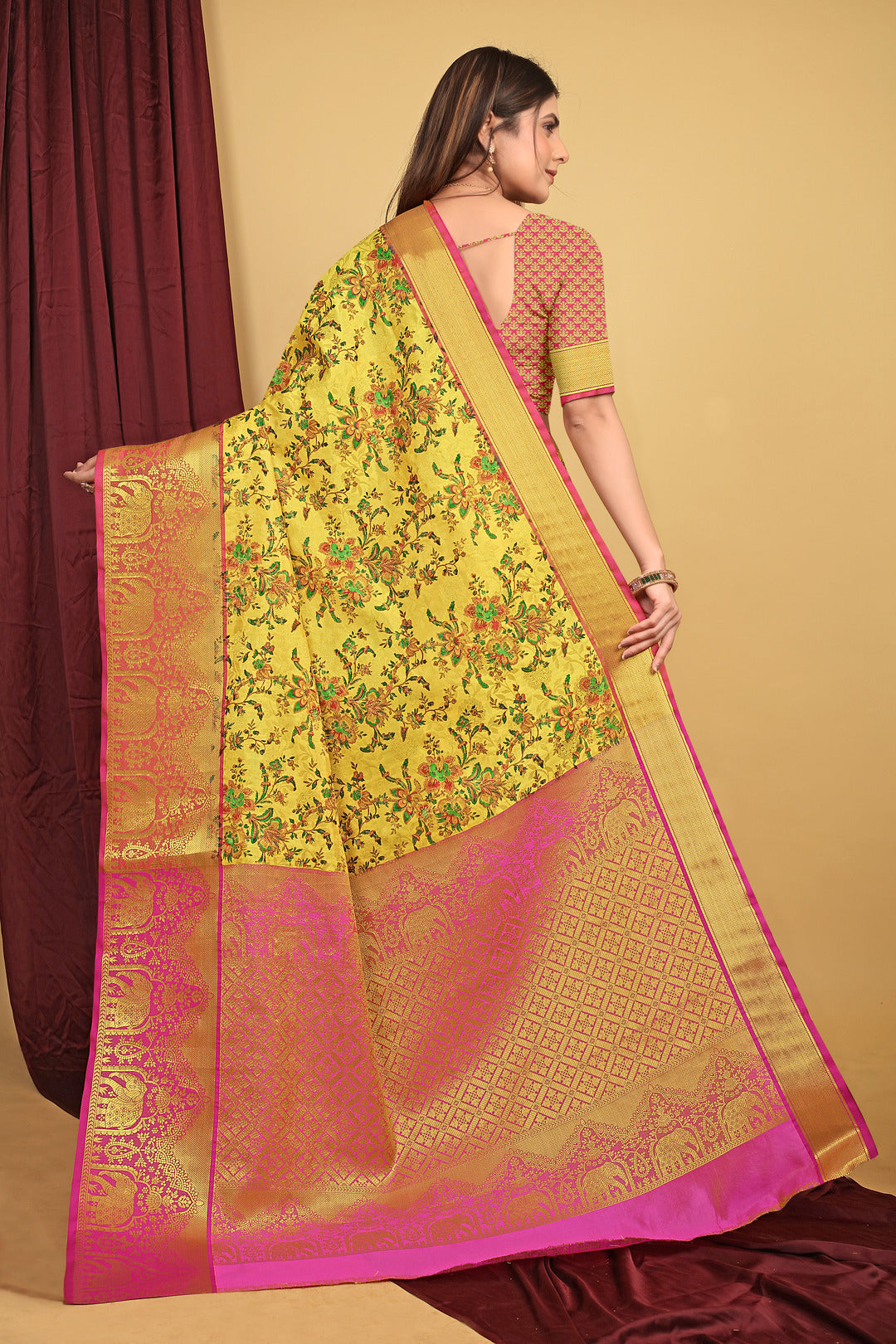 Dhiyona GR Women's Yellow Kalamkari Silk Saree