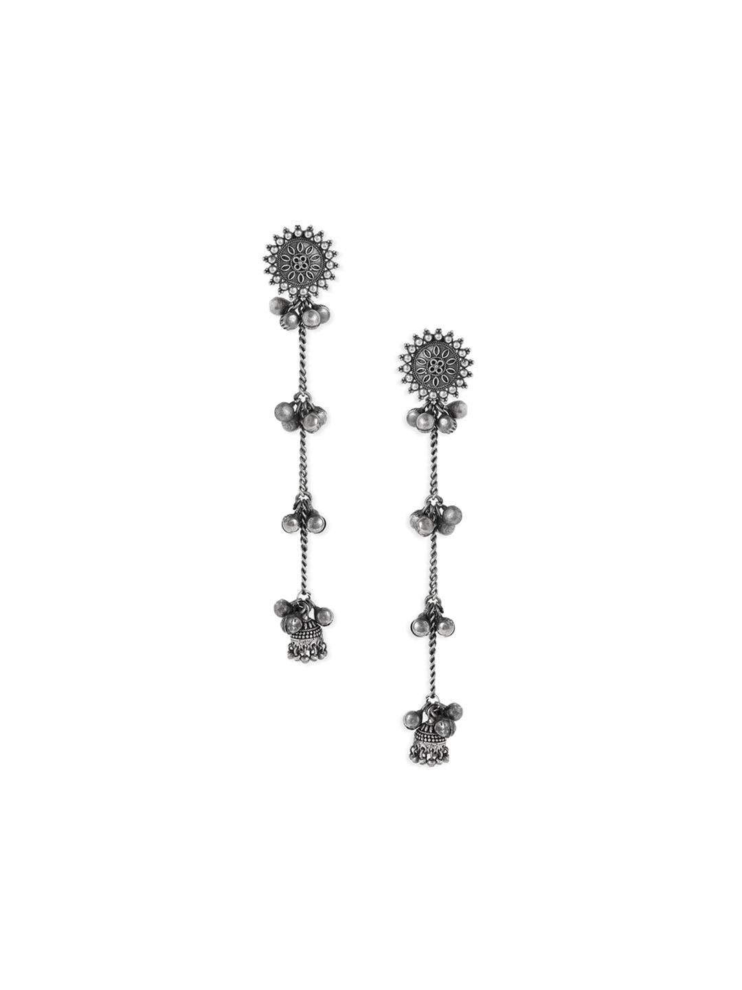 Dhiyona RJ Women's Oxidised Silver Plated Flower Motif & Ghungroo Beaded Shoulder Duster Drop Earrings