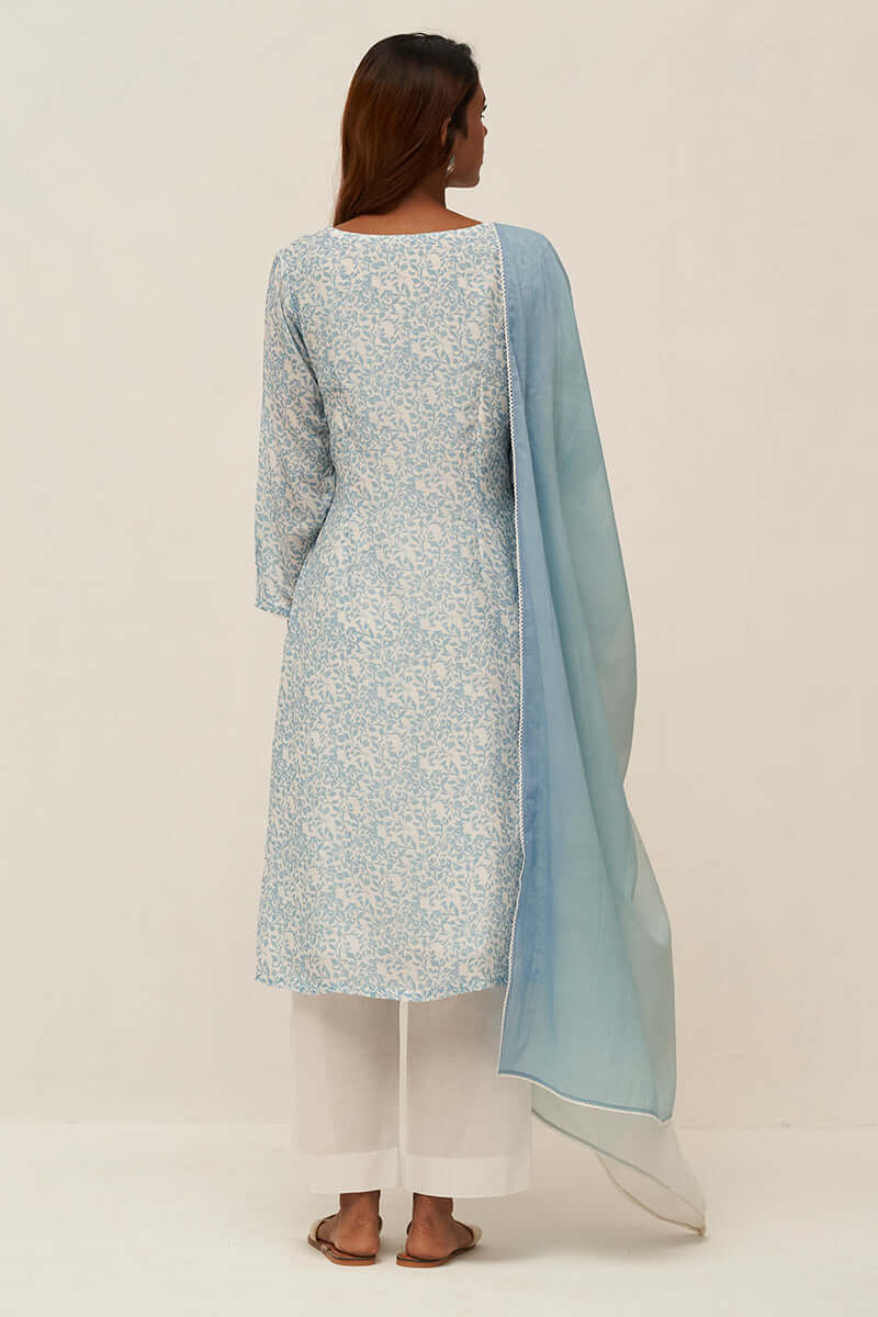 Women's Light Blue and White Bemberg Silk Printed Salwar Suit
