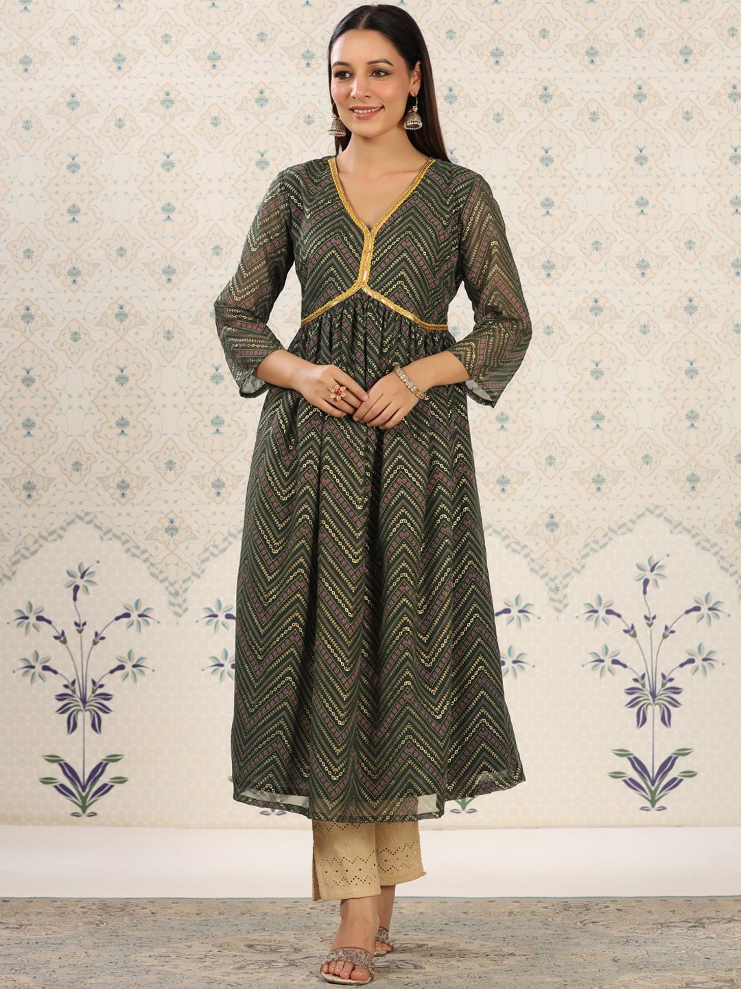 Dhiyona OD Ethnic Motifs Printed V-Neck Thread Work Empire Anarkali Kurta
