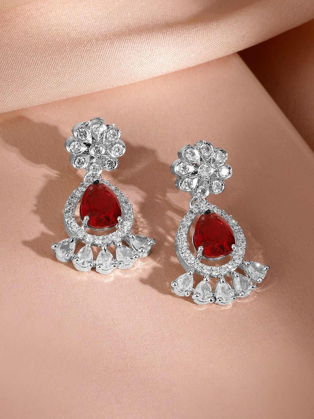 Dhiyona RJ Women's Rhodium-Plated Ruby Red AD & Cubic Zirconia Studded Necklace Set