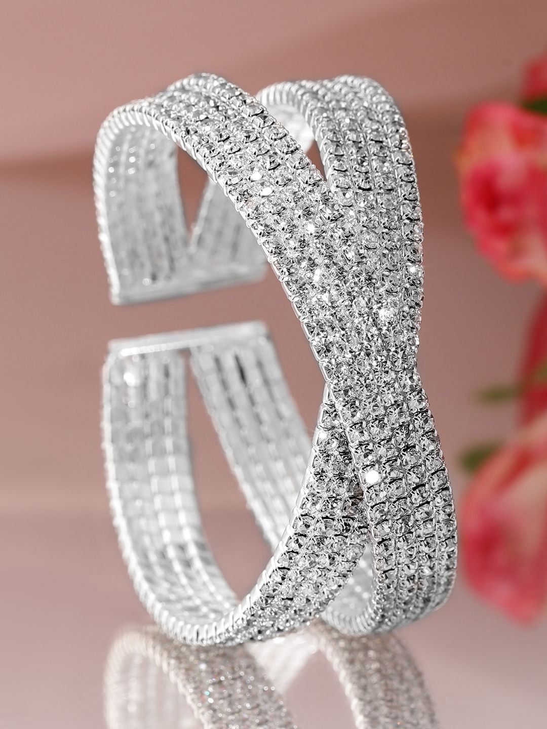 Dhiyona RJ Women's Rhodium-Plated Crystals Stone Studded Cuff Bracelet