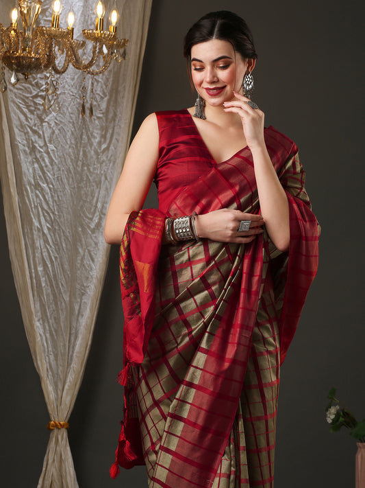 Women's Aura Silk Cream Woven Design Designer Saree With Blouse Piece