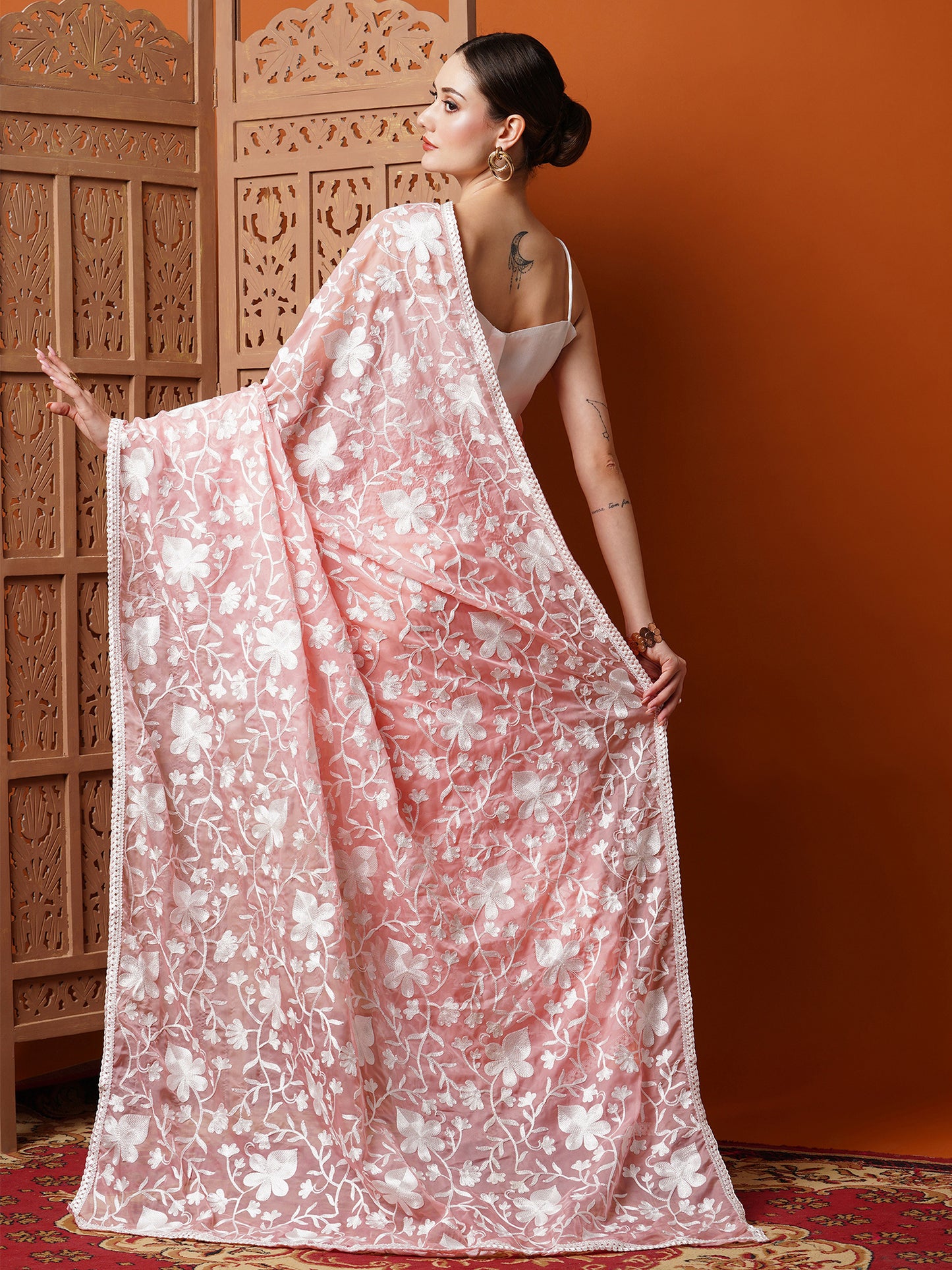 Women's Organza Pink Embroidered Designer Saree With Blouse Piece