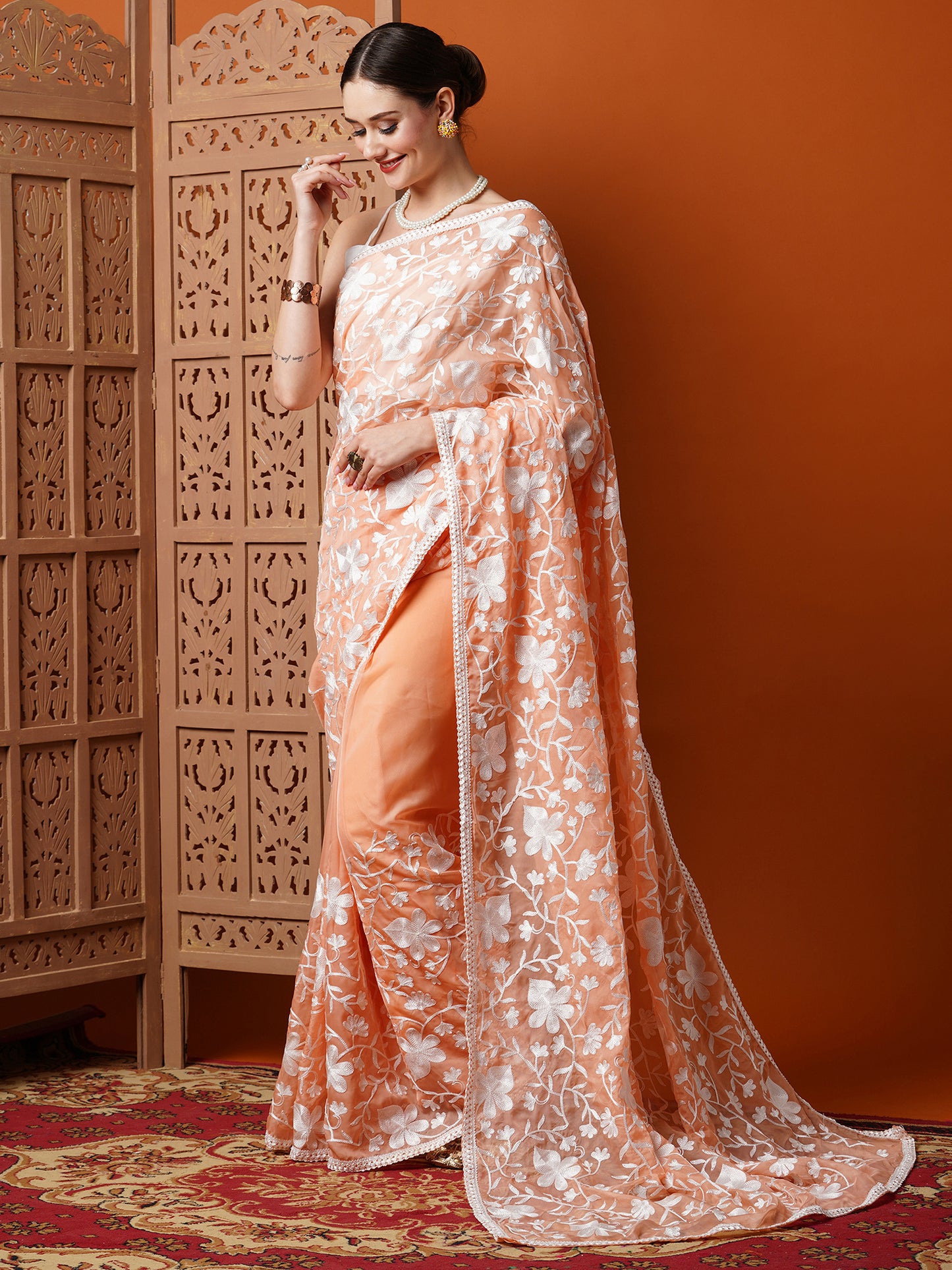 Women's Organza Peach Embroidered Designer Saree With Blouse Piece