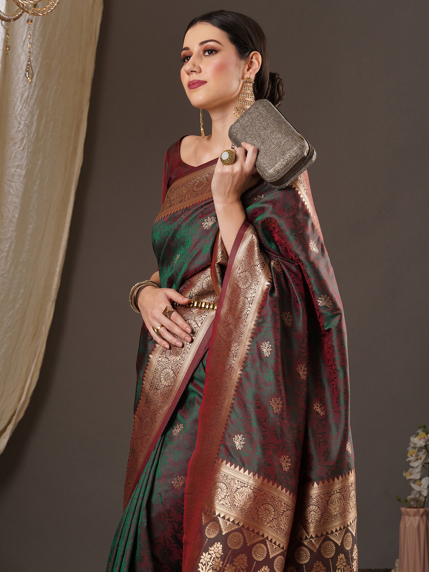 Women's Silk Blend Brown Woven Design Designer Saree With Blouse Piece